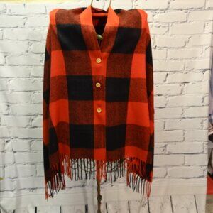 PS Red & Black Plaid Poncho with Buttons & Fringe, NWOT